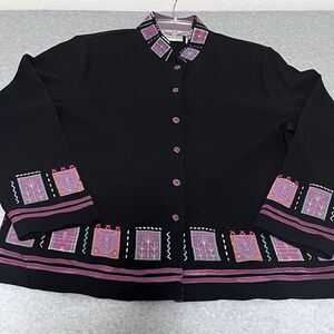 NWOT Draper Damons Womens Jacket SZ XL Black Pink Embroidery Artsy Buttons